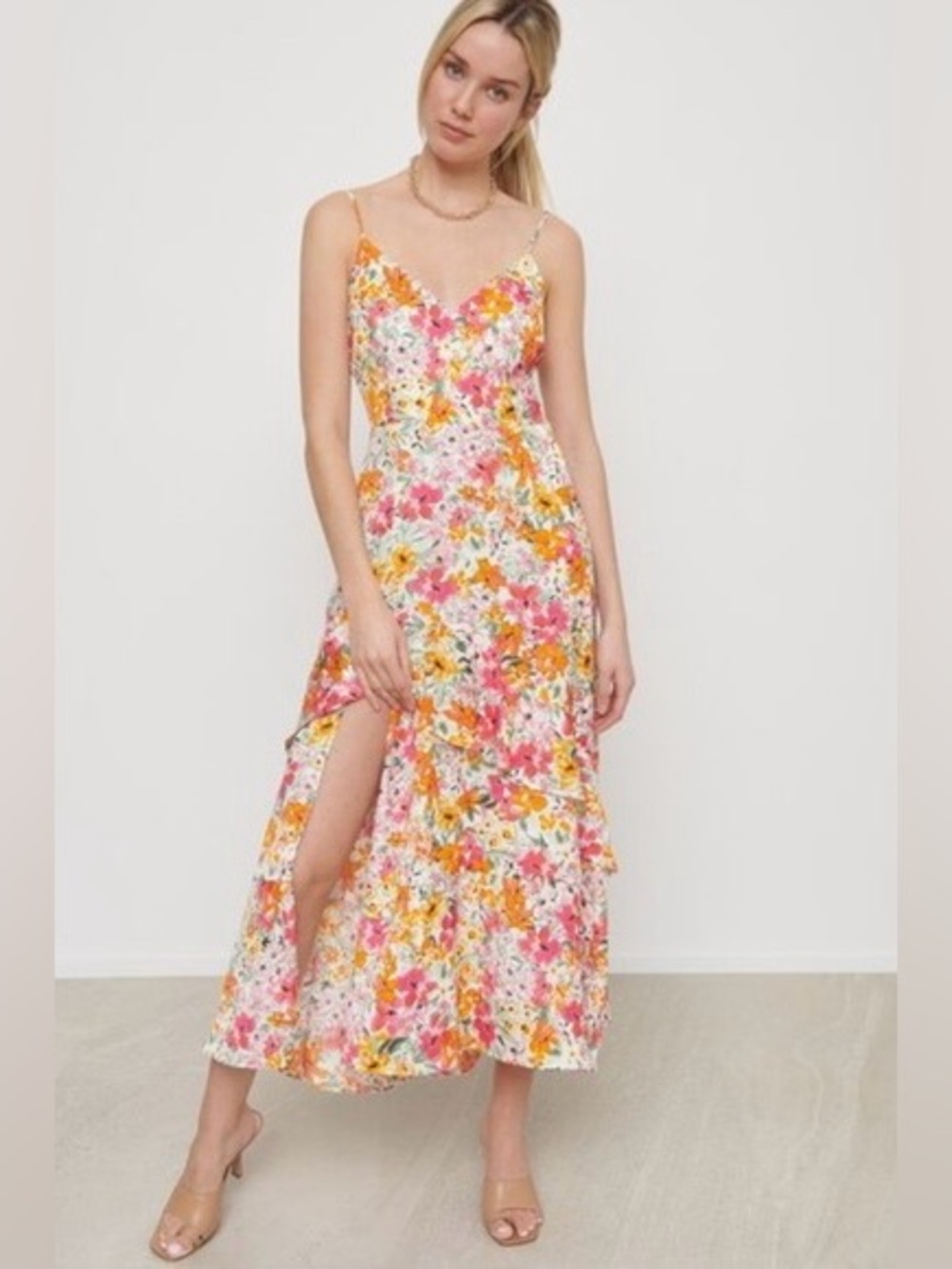 Dynamite Ruffle Maxi Dress, multi-floral on white with frill detail XS